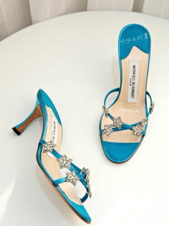 Manolo Blahnik Shoes - Manolo Blahnik Turquoise Satin Heels with Crystal Star Straps